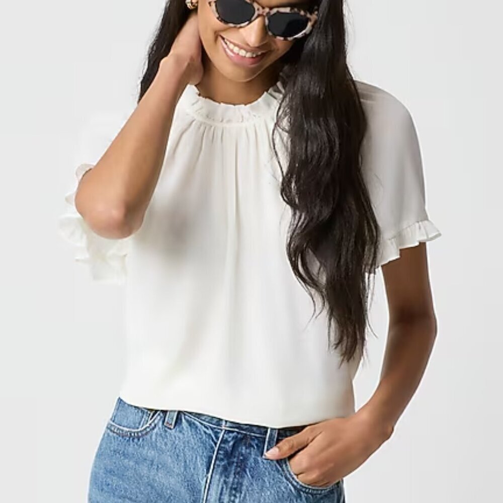 J. Crew Factory White Ruffle Short-Sleeve Blouse